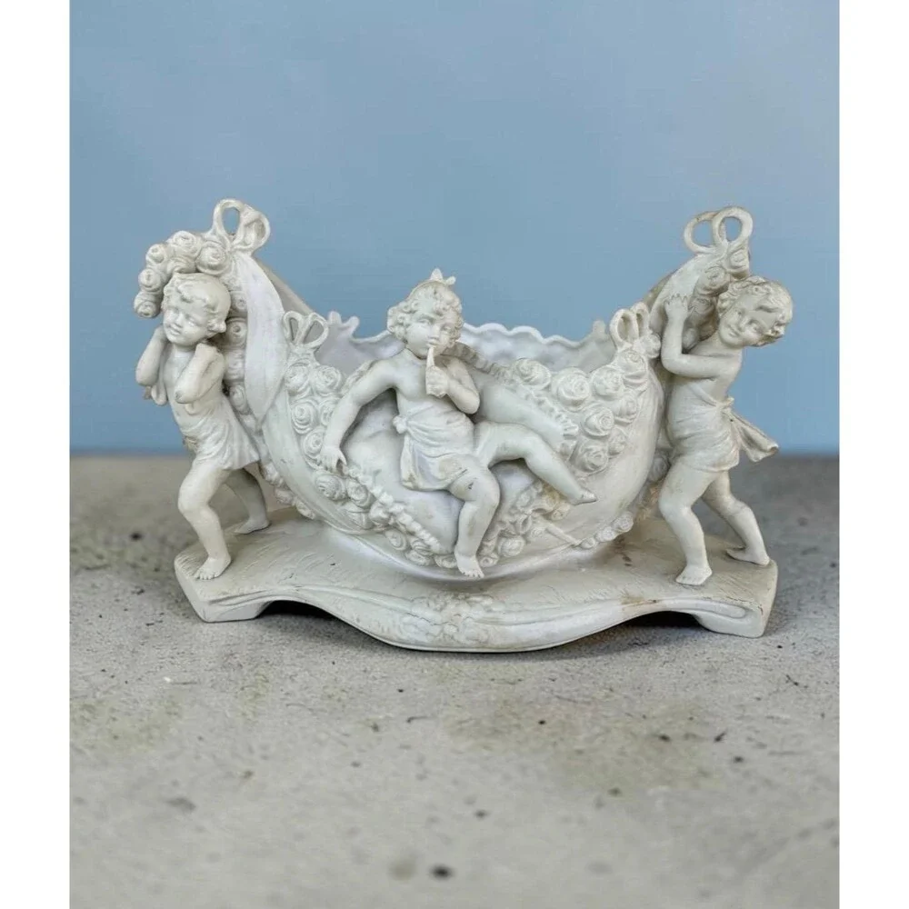 Antique German Bisque Porcelain Cherub Bowl, Putti Garland Jardiniere, Mold 4051